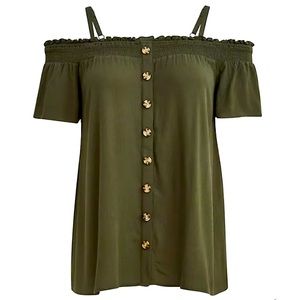 Torrid Smocked Cold-Shoulder Blouse Gauze Olive Green NWT
